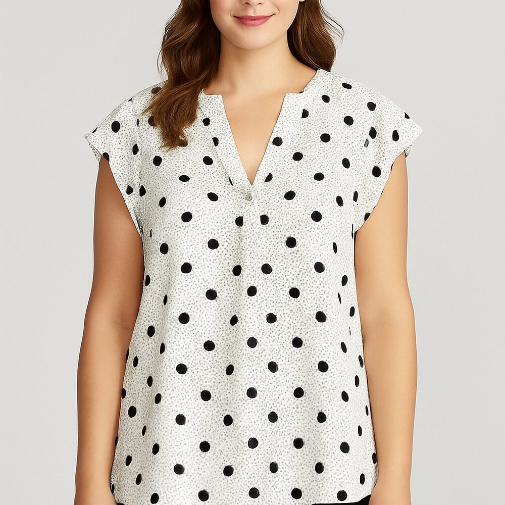 Tahari Black White Polka Dot Flutter Sleeve Blouse‎